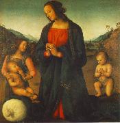 PERUGINO, Pietro Madonna, an Angel and Little St John Adoring the Child (Madonna del sacco) R